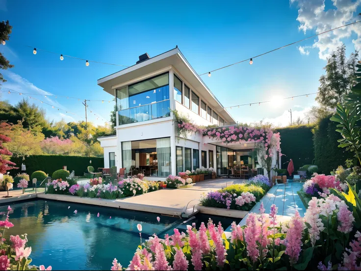 ，masterpiece, best quality，8k, ultra highres，As you walk into this fantastic courtyard，Its like being in a fairytale world。flowers blooming，The brilliant and colorful flowers give off a charming fragrance，A crystal clear stream flows around the elegant and...