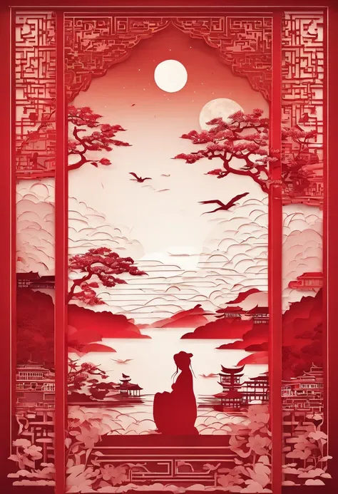 Flat paper cutout，Red background。(Best quality,4K,8K,A high resolution,Masterpiece:1.2),Ultra-detailed,Realistic:1.37,Traditional Chinese art style,Moonlit landscape,Moonlight silhouette art,arte em papel cortado,Layering effect,projected shadow,Paper cuts...