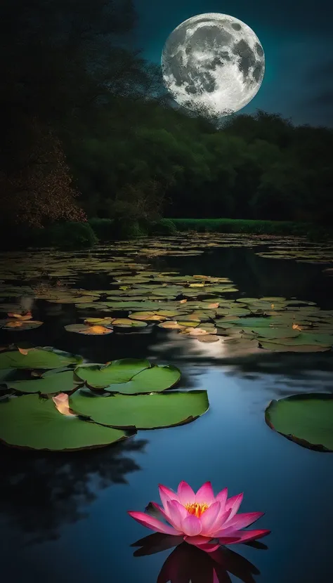 (tmasterpiece，Authentic photography，Concise composition：1.5），the night，Lotus pond moonlight，Beautiful artistic conception