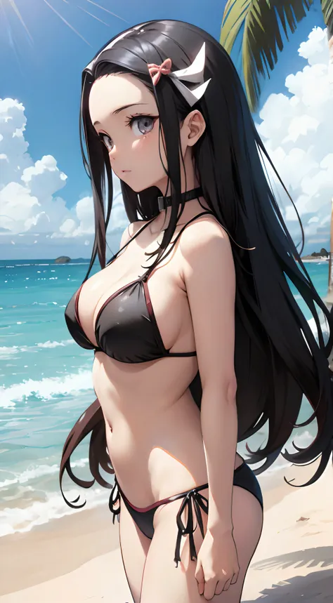 a woman in a bikini and gloves on a beach, an anime drawing by Kentaro Miura, pixiv, conceptual art, seductive anime girl, in the beach, at the beach, beautiful alluring anime teen, at a beach, beautiful alluring anime woman, beautiful anime girl, attracti...