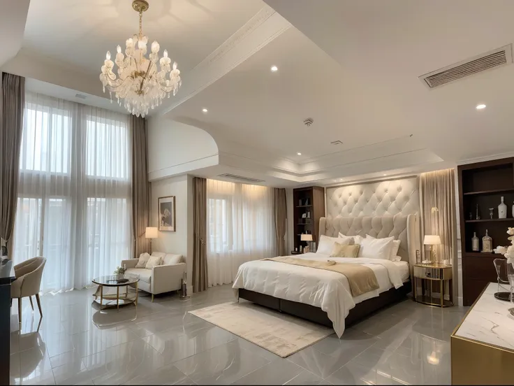 ，masterpiece, best quality，8k, ultra highres，Step into a duplex suite，Luxury and art blend perfectly。Ornate crystal chandeliers hang from the high ceilings，Illuminate the entire space。Floor-to-ceiling windows flood in warm, soft natural light，Added a touch...