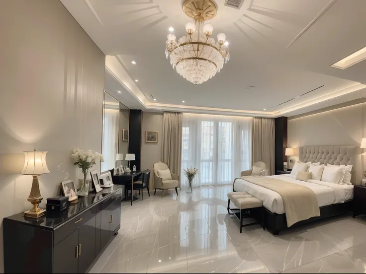 ，masterpiece, best quality，8k, ultra highres，Step into a duplex suite，Luxury and art blend perfectly。Ornate crystal chandeliers hang from the high ceilings，Illuminate the entire space。Floor-to-ceiling windows flood in warm, soft natural light，Added a touch...