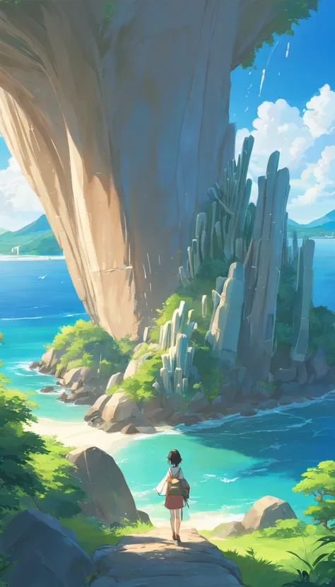 top-quality，Ray traching，ghibli artstyle，Anime landscape concept art,(The sky thunders and lightning)，(((Huge stone statues of animal bones on nearby islands))), （Remains of the island of the goddess statue），Island background, 16K HD wallpaper，cushart, con...