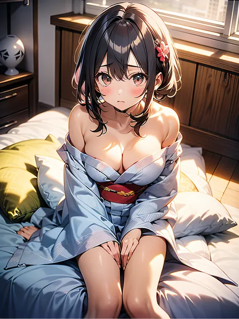 in 8K、top-quality、​masterpiece、ultra-detailliert、Ultra-high resolution、Anime style、(1人の女性)、natta、darkened room、On the futon、Sit up、Hakata yukata、Wide open chest、bare shoulders​、Red face、embarrassed from、Perspective from above