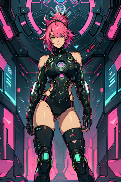 "cyberpunk hot woman with defined thick muscular thighs, cybernetic body parts, wearing short underwear, detailed, no background, digital art:1.2, ultra-detailed, as tarot card, futuristic, vibrant colors, neon lights"