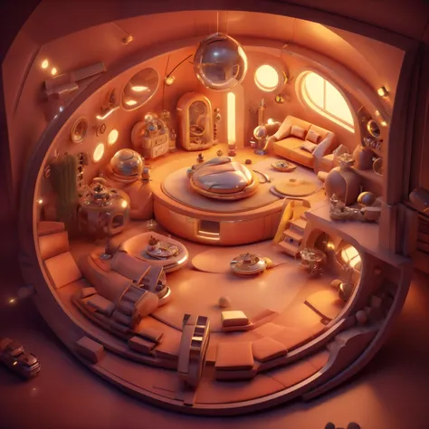 a close-up of a warm cozy spaceship with interiors such as a round table, couch, chair, two sphere windows, lift at the centre, ...