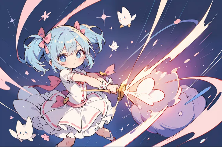 sketch、One girl、magical little girl、Magical Girl Ribbon、Magical Girl Weapons、stick、Piko-Piko Hammer、cute little、frilld、bow ribbon、lightblue hair、Small twin tails、​masterpiece、Top image quality、top-quality、magia、fight、the pose、Decided Pose、Very delicate ill...