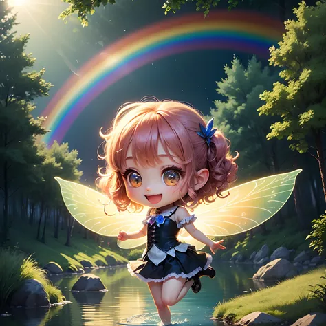 ​masterpiece、top-quality、ultra-detailliert、(Fairy Daughter:1.2)、(Chibi Chara:1.1)、wraith、Curly hair、Open your mouth and smile、lake in the middle of a forest、Jumping、Rainbow Light、the morning sun、rainbows