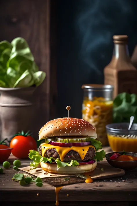 masterpiece, best quality,burger photo, food, food focus, no humans, tomato, blurry, still life, realistic, burger, cup, lettuce, fruit, onion, bowl, depth of field, vegetable, blurry background, cheese, bottle