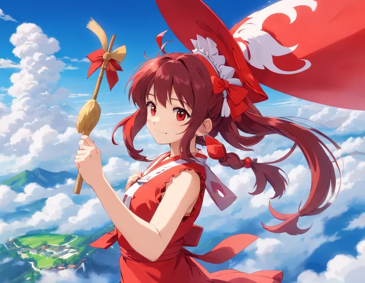 Boli Lingmeng，((Hakurei Reimu))，floated hair，Blue sky，White clouds，floating，ssmile，colorful animation stills, Amber style, Honest portrayal，HighestQuali，tmasterpiece