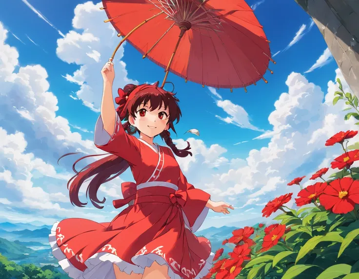 Boli Lingmeng，((Hakurei Reimu))，floated hair，Blue sky，White clouds，floating，ssmile，colorful animation stills, Amber style, Honest portrayal，HighestQuali，tmasterpiece