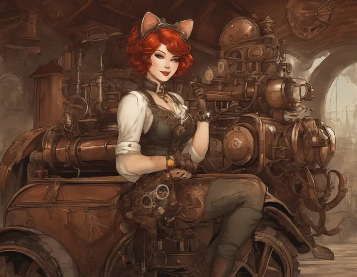 Anime-style catgirl with short red hair and earring in her ears, In the Russian Village, Full-length next to a race car, digital cyberpunk anime art