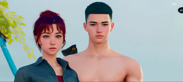 there are two people that are standing next to each other, shirtless :: high detail, realistic artstyle, realism artstyle, hyperrealistic teen, realistic body features and face, detailed and realistic faces, inspired by Jean Malouel, realistic scene, detai...