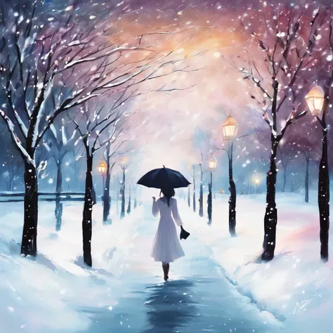 Winters，the night，nevando，Snow on the ground，pedestrian walkway，Holding an umbrella，White umbrella，Long white dress，shot from a far distance，