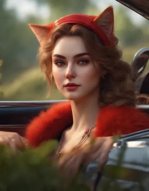 (best quality,4k,8k,highres,masterpiece:1.2),ultra-detailed,(realistic,photorealistic,photo-realistic:1.37),girl-cat,anime style,short red fur,earring in ears,russian countryside,full-length,close to a racing car,digital cyberpunk anime art,portrait,landsc...