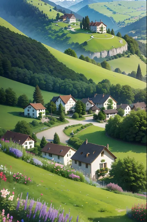 Peaceful and idyllic countryside, Rolling green hills dotted with grazing sheep, Charming villa，Set amidst vibrant flowers, Clear blue sky overhead, Evokes a sense of peace and simplicity, Valle encantador, switzerland, patches of green fields, lush countr...