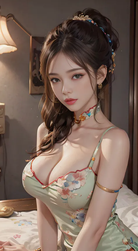 （From the outside） ， many color，Best quality at best，8K，real photograph，Delicate skin details，tmasterpiece，photograph of-realistic，Complicated details，RAW photogr，onbed，florals，Gorgeous cheongsam，Extra-long hair，cropped shoulders，delicated face，Expose clea...