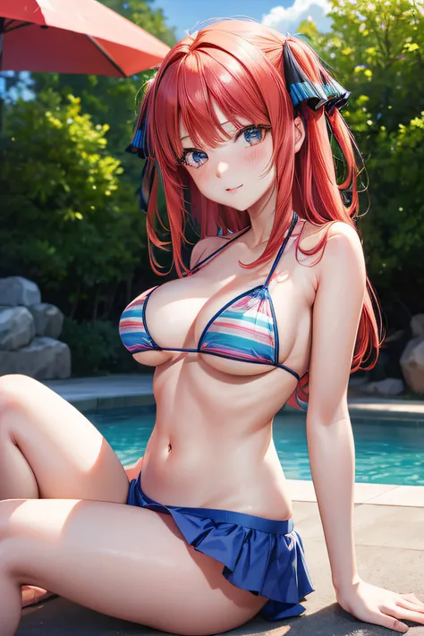 masterpiece, highres, best quality, Nino Nakano from Quintessential Quintuplets, sexy pose, red hair, seductive, blush, vivid colors, 4k, 8k, bikini