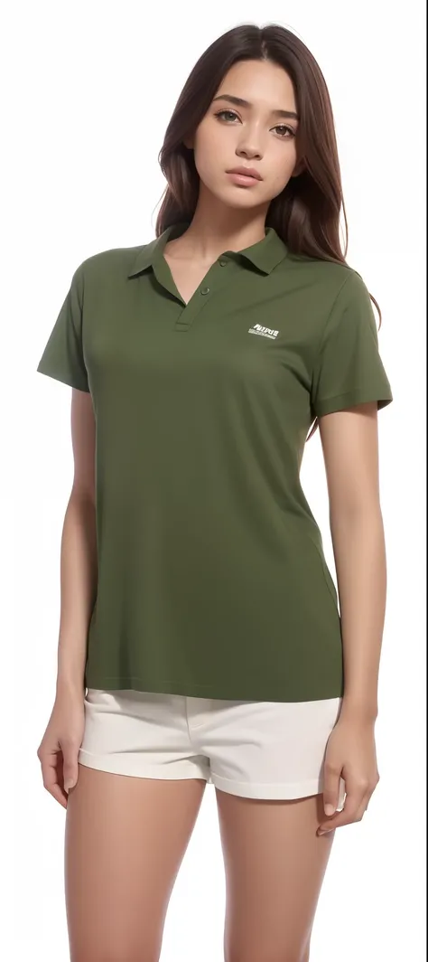 uma mulher de camisa verde e bermuda branca posando para uma foto, verde oliva, camisa verde, roupas verdes, roupas verdes casuais, azeitona, "organic, sage green, em uma camisa polo verde escuro, mangas curtas, cor da pele da azeitona, vestindo uma camise...