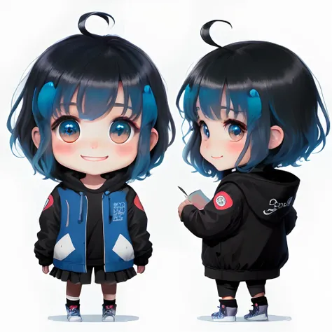 超A high resolution, Best aesthetic, Top quality depiction of the foot, Put on a jacket,  Black and blue hair on the back, Flat Avatar,  Anime visuals of cute girls, Cute art style, Chibi,  Shorthair, Ahoge, is shy, A smile, hair adornments,drawing on paper...