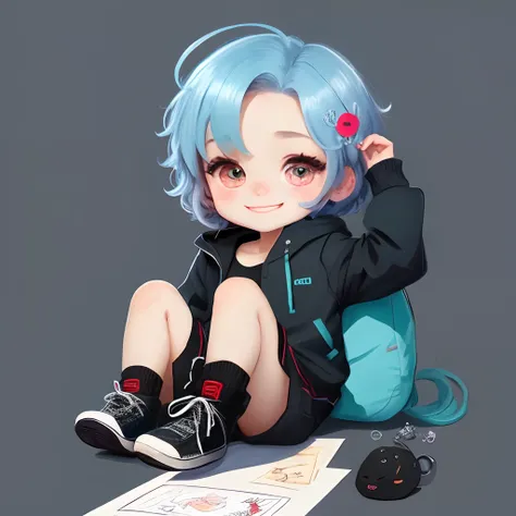 超A high resolution, Best aesthetic, Top quality depiction of the foot, Put on a jacket,  Black and blue hair on the back, Flat Avatar,  Anime visuals of cute girls, Cute art style, Chibi,  Shorthair, Ahoge, is shy, A smile, hair adornments,drawing on paper...