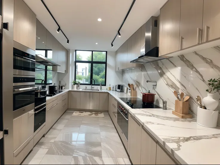 ，masterpiece, best quality，8k, ultra highres，Step into this well-designed kitchen，You will be surrounded by an intoxicating aroma。Marble countertops are fitted with full Italian kitchenware，Shimmers with a metallic sheen。The open plan design allows the kit...