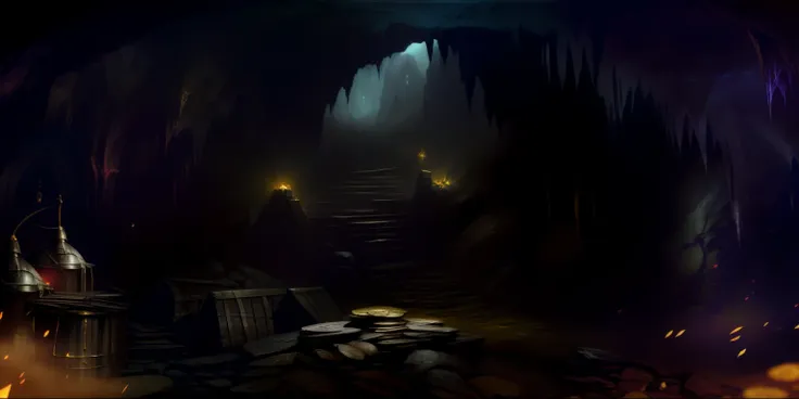 there is a cave，there is fire inside, dark concept art, dramatic lighting. concept-art, photorealistic dark concept art, dark ci...