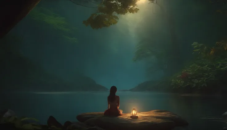 An 18-year-old indigenous girl sitting on a rock in the Amazon River, anime exuberante john 8k madeiras, Atey Ghailan 8 K, Harp playing in the magical forest, em estilo de atey ghailan, inspirado em Atey Ghailan, pleasant environment, forest setting, autor...