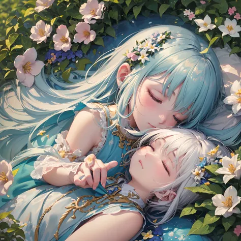 ((Finest quality)),(超A high resolution),(ultra-detailliert),(Meticulous portrayal),((Best Anime)),(Finest works of art),sharpnes,Clair, ((Little girl in dress sleeping in flower garden)),(((Peaceful sleeping face)))