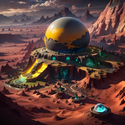 Alien base (Very detailed) In the mountainous desert，There are several exhaust air fans and yellow chimneys, Some neon spotlights come out of the base to illuminate dark places, (Extreme nights), Some clouds in the night sky, Some of the surrounding planet...