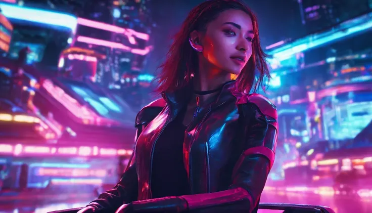 Beautiful woman smiles as she rides a futuristic vehicle in a futuristic world and enjoys the night view。The bright lights of the building illuminate the beauty。The face is very realistic.。