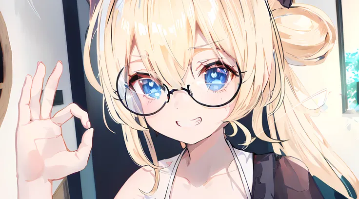 blonde anime girl with glasses and a black top in a room, blue eyes, have cute dog ears, show one shoulder, render of a cute 3d ...