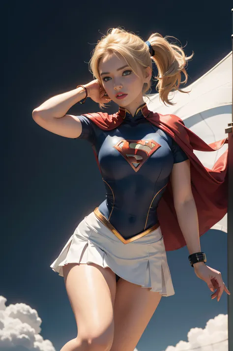 4k, realistic, charismatic, very detailed, there is a girl in the sky, dressed in a super girl costume, she is a super girl, superhero theme, blonde short hair, ponytail, 20 years, full body, (detail in the eyes), (detail in the face), incredibly beautiful...