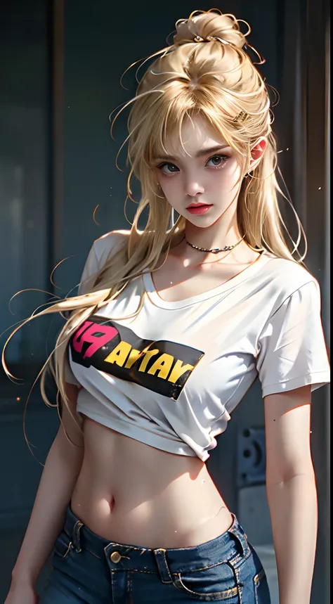 (1girl),large breasts,  breasts, tan, dewy skin, sweaty skin, wavy blonde hair, punk tshirt, punk girl