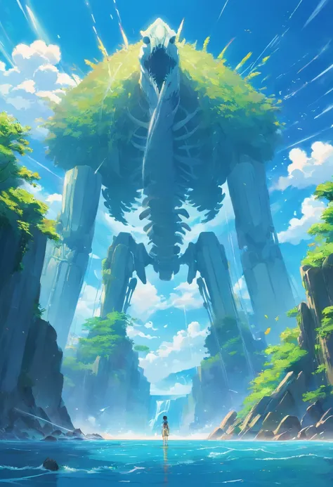 An island formed by the bones of huge sea beasts，Island group，Huge sea beast skeleton，Ultra-long viewing angle，Thunder in the sky，Huge water element in water，Various sea beasts，Ruins of the island，HighestQuali，8K，Ray traching