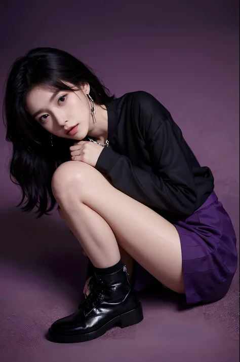 1girl, 175cm,korean model, 23 years old,soft body, black hair, wavy hair,whole body, hair reaches waist, whole body,((head to leg)),black bracelets,black chain,((purple skirt)), black tall boots,large earrings,close-up, 8k, RAW photo, best quality, masterp...