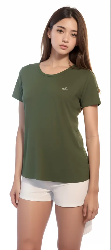 uma mulher de camisa verde e bermuda branca posando para uma foto, verde oliva, camisa verde, roupas verdes, roupas verdes casuais, azeitona, "organic, sage green, em uma camisa polo verde escuro, mangas curtas, cor da pele da azeitona, vestindo uma camise...