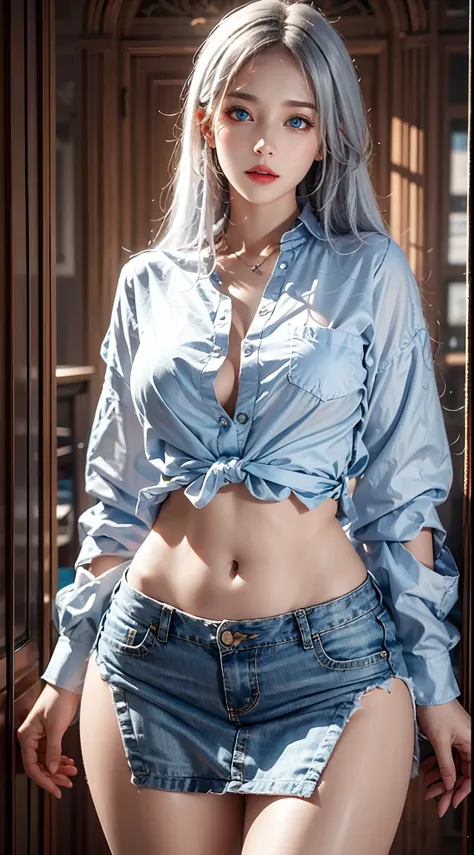 photorealistic, masterpiece, photorealistic, high resolution, soft light, mature female, silver hair, hips up, blue eyes, shirt, mini skirt