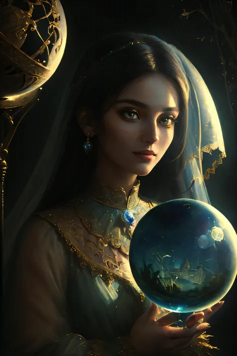 (masterpiece, best_quality, ultra-detailed, immaculate:1.3), epic, illustration, the mysterious enchantress gazes into her crystal ball.  .,