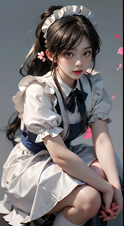 Top quality, Masterpiece, 超高分辨率, (Photorealistic: 1.4), RAW photo, 1 girl, English maid, Ruffled maid headband, pony tails, Braided hair, Ruffle blouse, Ribbon Ties, aprons, Long skirt, Puff sleeves, White silk ankle socks，frilld, Glowing skin, No gray bac...