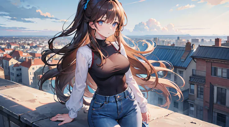 1 girl, located in the corner, looking at the sky, faced forward, long hair, brown shining hair, ember eyes, shining eyes, medium sized boobs, blue tight jeans, landscape, day, city , clouds (sky), morning