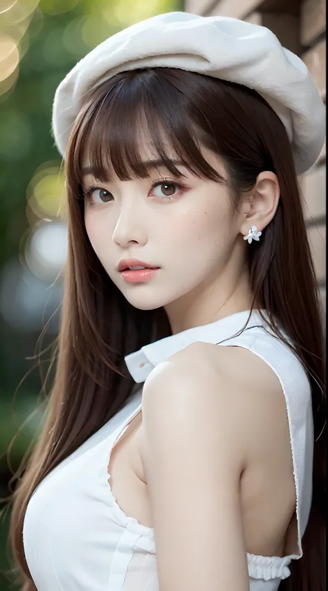 1womanl, up of face, mideum breasts, light brown hair, Blunt bangs, hair behind ear, hair over shoulder, Long hair, slender body shape, Ultra Fine Face, Thin face, Delicate lips, Beautiful eyes, thin blush, eyes are light brown, perfect glossy skin, flawle...