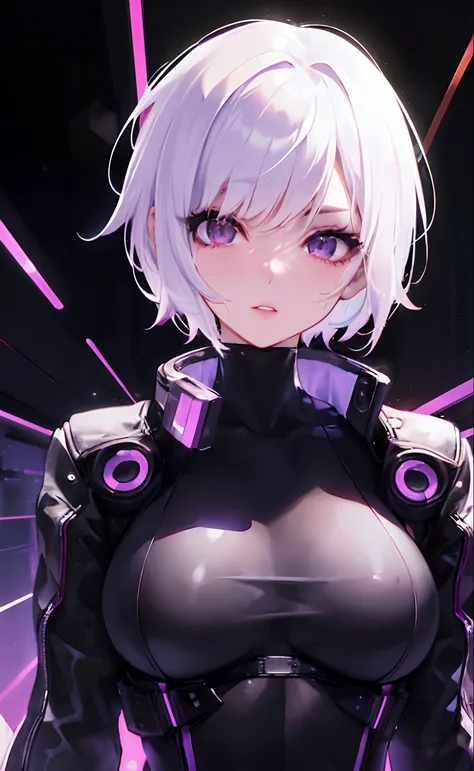 solo, lucy (cyberpunk), short hair, parted lips, bangs, looking at viewer, upper body, 1girl, jacket, black background, purple eyes, bodysuit,white hair,