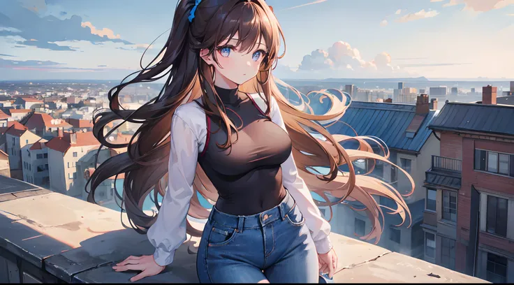 1 girl, located in the corner, looking at the sky, faced forward, long hair, brown shining hair, ember eyes, shining eyes, medium sized boobs, blue tight jeans, landscape, day, city , clouds (sky), morning