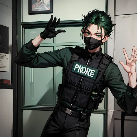 One Guy, adult, SWAT, police, dark green hair, with plain black mouth mask, green eyes,Leaning against the wall, in the room, wearing full SWAT uniform, wearing a black mask, pose selfie, Goofy pose, smiling eyes, a man, his hair spiked