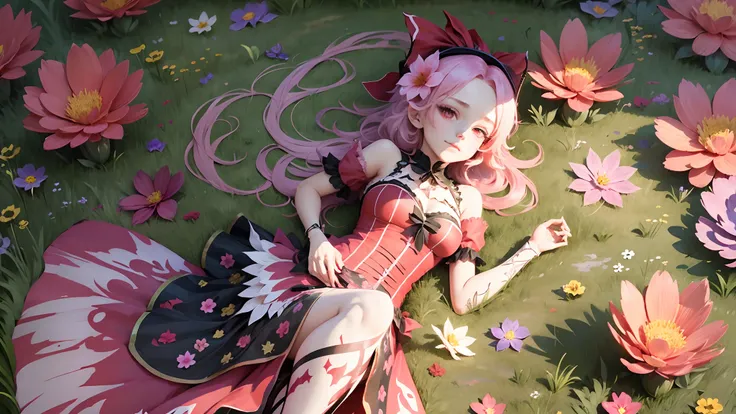 Remilia Scarlet from Touhou project, in a meadow with flowers, cartoonish vector, cartoon style, ni no kuni merged with league of legends --auto --s2