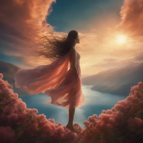 (masutepiece, top-quality, Best Quality, Official art, Beautiful and aesthetic:1.2), (1.3 Flying girl seen from a distance........), Extremely detailed, long shapeless hair, (Fractal Art:1.3), colourfull, Cinematic lighting, Mare, skyporn, Clouds, Ethereal...