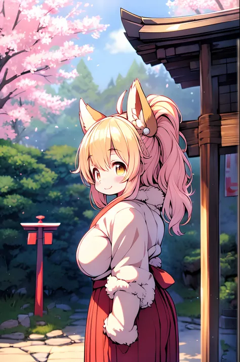 Fox Woman、body covered with fur、huge-breasted、kawaii、shrine maiden、Japan white clothes,Red Hakama、torii gate,summer day、((High Position))、A big smile、bbw、thick thight、big butts、Ultramammy,Chibi,Nanachi