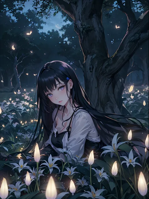 1girl, detail face, long black hair, purple eyes, black dress modern, blushing, sitting on , high land, tree, dark field flowers white lily,  fireflies, night light, absurdres, high res, ultrasharp, 8k, masterpeace, view from