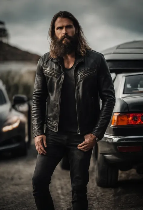 person wearing cap and round face long hair short beard and wearing leather jacket standing front of the car